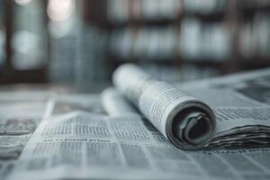 Rolled newspaper lying on a stack of newspapers in front of blurred bookshelves photo