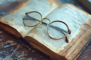 Old book laying open with reading glasses resting on top photo