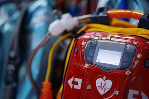 Defibrillator hanging on stretcher waiting for emergency use photo