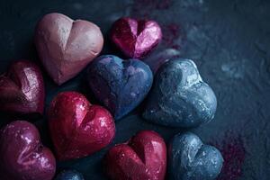 Heart shaped objects lying on dark stone background representing love and affection photo