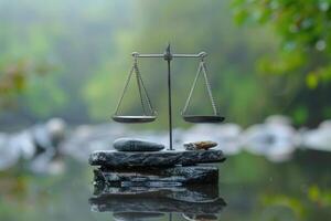 Balancing scales of justice resting on rocks in a serene river setting photo