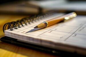Spiral notebook lying on desk with pen resting on top photo
