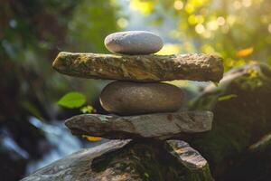 Stack of zen stones balancing on rock in tranquil forest setting photo