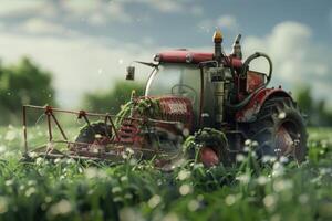 Old red tractor being reclaimed by nature in a field photo