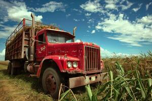 Old red truck parked in a field on a sunny day photo