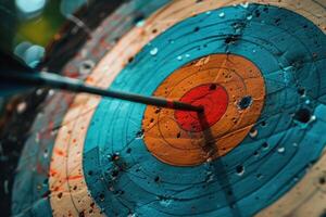 Arrow hitting the center of an archery target photo