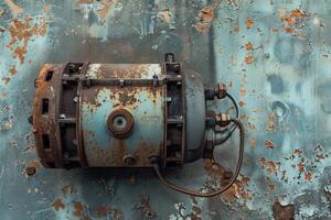 Old rusty industrial engine hanging on a grunge wall photo