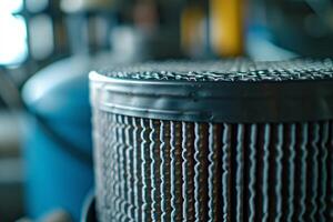 Close up of a round engine air filter with a shallow depth of field photo