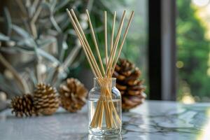 Aromatic reed diffuser creating a relaxing atmosphere in a bright interior photo