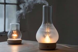 Modern table lamp diffusing aromatic smoke in a cozy interior design photo