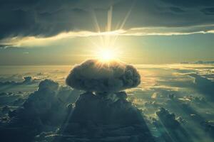 Sun shining through a single cloud over a vast cloudy landscape photo