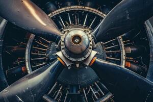 Powerful airplane engine with four blade propeller rotating photo