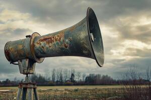 Old weathered rusty megaphone standing on tripod in field photo