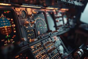 Airplane cockpit control panel showing flight data during flight photo