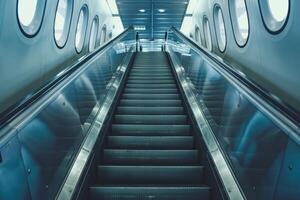 Modern empty escalator going up in building with round windows photo