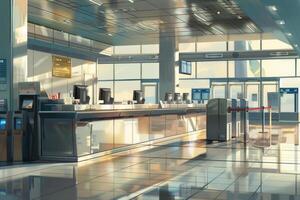 Sun shining on a row of empty airport check in counters photo