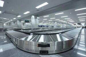 Empty airport baggage claim conveyor belt winding through a modern building photo