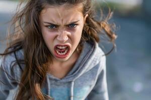 Angry little girl screaming with open mouth photo