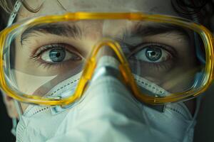 Scientist wearing protective goggles and mask in laboratory photo