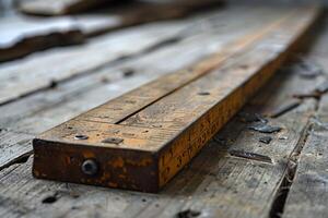 Old wooden folding ruler lying on wooden planks photo