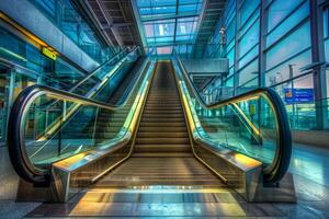 Empty escalator in modern building with glass walls photo