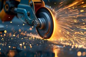 Angle grinder creating a shower of sparks while cutting metal photo