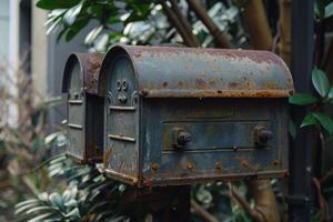 Two old rusty mailboxes showing their age and wear photo
