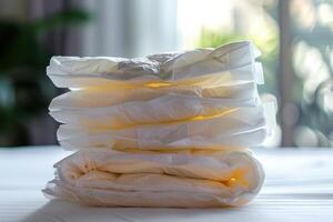 Stack of clean and new baby diapers lying on changing mat photo