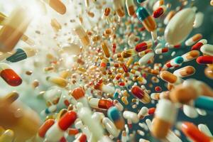 Colorful pills falling in a vortex creating a dynamic composition photo