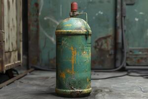 Old rusted green oxygen tank standing in abandoned factory photo