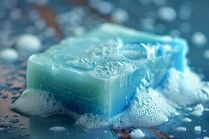 Blue soap bar covered with bubbles is lying on wet surface photo
