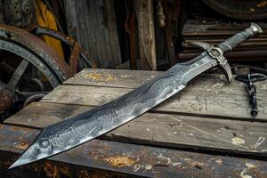 Handcrafted fantasy sword resting on workbench in the blacksmith's workshop photo