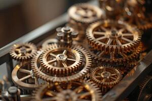 Clockwork mechanism with interlocking gears working close up photo