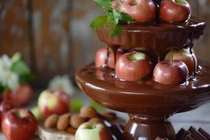 Chocolate fountain dripping over fresh red apples on dessert table photo