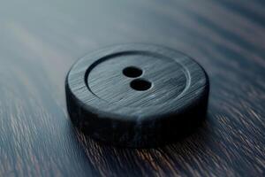 Large black button resting on a dark wooden surface photo