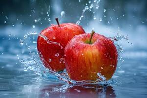 Two ripe red apples splashing into water creating a refreshing burst photo