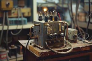 Old analog machine standing on a dusty workbench in a workshop photo