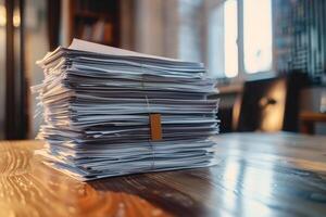 Stack of paperwork sitting on desk in office awaiting completion photo