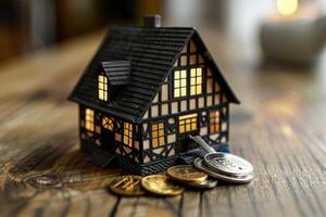Small model house with key and coins on wooden rustic table representing real estate purchase photo