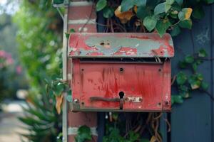 Old red mailbox hanging on a brick wall is showing its age photo