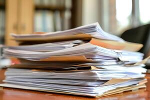 Stack of documents piling up on a desk in the office photo