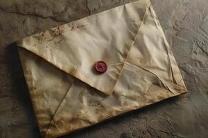 Old paper envelope with red wax seal lying on desk photo