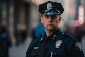Portrait of a young police officer standing on duty in a city setting photo
