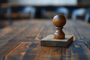 Wooden stamp standing on a wooden surface in a blurred room photo