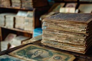 Stack of old postcards lying on wooden countertop photo