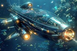 Modern submarine exploring the depths of the ocean with a pilot inside photo