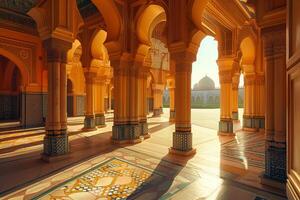 Sunlight illuminating golden arches and columns in mosque courtyard photo