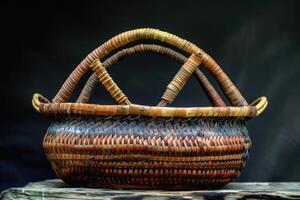Empty rustic woven basket with arched handle resting on wood photo