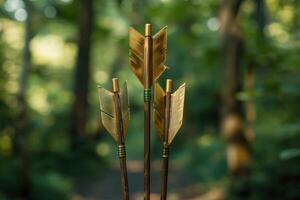 Three arrows standing upright in forest displaying golden fletching photo