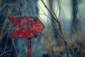 Rusty red sign pointing in forest showing the way photo